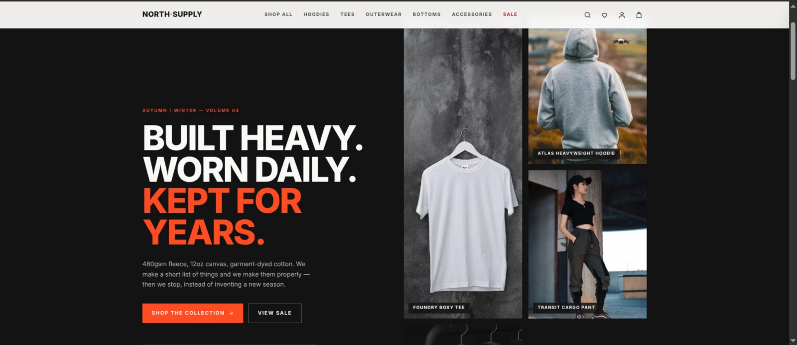 NORTH SUPPLY storefront homepage with a bold campaign headline and a grid of product photography.