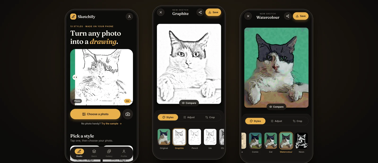 Three Sketchify app screens: the studio home with a photo turning into a sketch, the editor showing a cat in the Graphite style, and the same photo in the Watercolour style.